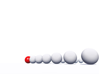 Conceptual crowd of spheres with one red glass sphere