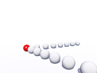 Conceptual crowd of spheres with one red glass sphere