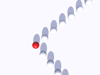 Conceptual crowd of spheres with one red glass sphere