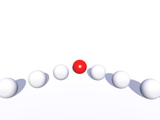 Conceptual crowd of spheres with one red glass sphere