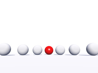 Conceptual crowd of spheres with one red glass sphere