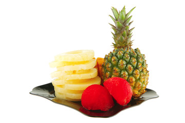 Naklejka na ściany i meble fresh fruits served on black plate