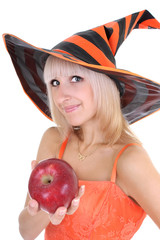 young attractive woman in hat with red apple
