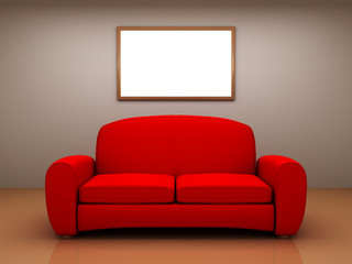 Red sofa in a room with a blank picture