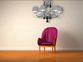 Purple chair and luxury chandelier in minimalist interior