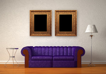 Purple couch with picture frames, table and standard lamp