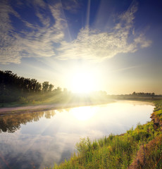 Fototapeta na wymiar river landscape with sunrise