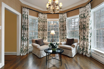 Den with wall of windows