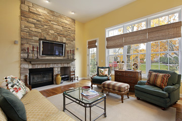 Family room with stone fireplace