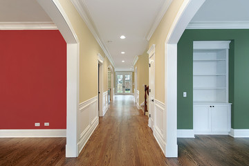 Hallway and rooms with multicolored walls