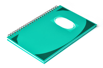 Green rectangular notebook with name label on cover