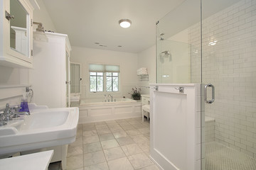 Master bath with white cabinetry