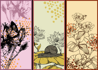 vector  set of 3 floral cards with hand drawn flowers
