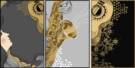 vector  set of 3  hand drawn cards with musical Instruments