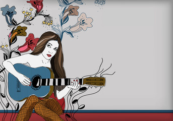 young  girl playing guitar on a floral background