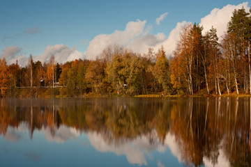Color autumn on lake in Finland