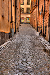 Obraz na płótnie Canvas Narrow street in historical part of city of Stockholm - HDR Imag