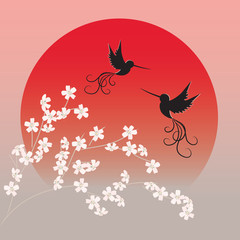 Two flying birds and sakura in front of red sun