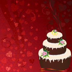 Wedding cake with flowers on a red textured background