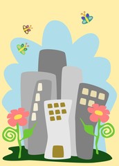 graue Stadt mit Blumen