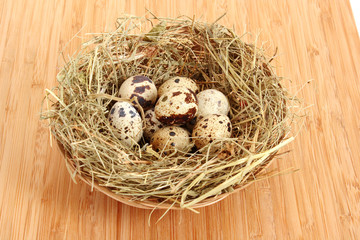 quail eggs in hay on wooden surface