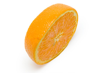 Slices of peeled orange on white background