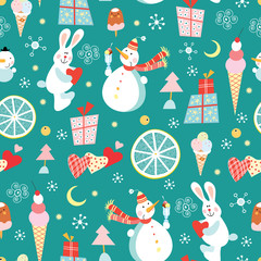seamless pattern of snowmen and ice cream and rabbits