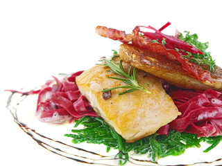 red beet pasta and fried fish fillet