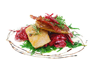 fried fish fillet and red beet pasta