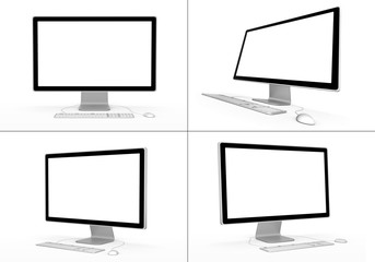 Set of computer workstations in various viewing angles