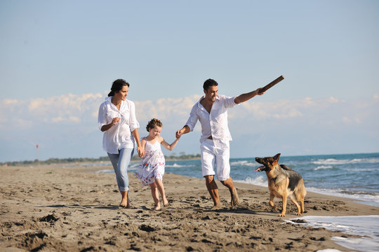 Happy Family Playing With Dog On Beach