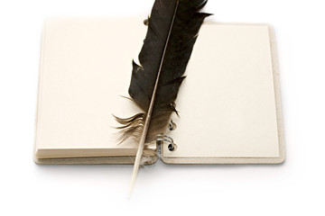 Notepad and feather isolated on white
