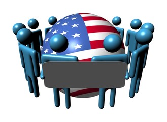 people with sign around USA flag sphere illustration