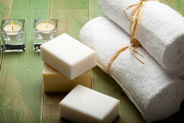 Fototapeta na wymiar Soap and white towels