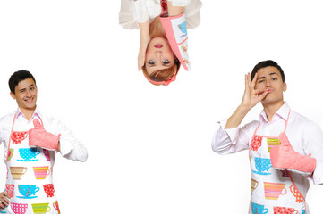 Funny collage with two cooking man in apron and one crazy woman