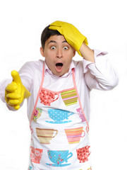 Expressions.shocked house man in apron and yellow glove for wash