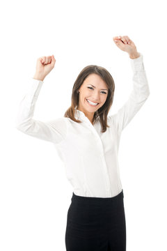 Happy smiling gesturing businesswoman, isolated on white
