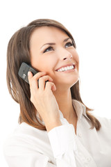 Happy successful businesswoman with cell phone, isolated