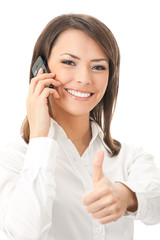 Happy businesswoman with cell phone and thumbs up, on white