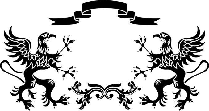 stencil framework: griffins with a ribbon and a branch