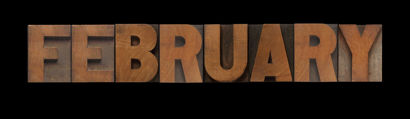 the word February in old letterpress wood type