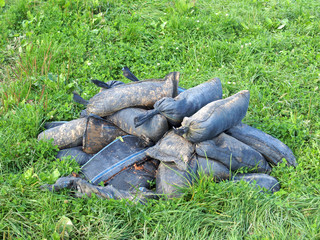 Sandsäcke im Gras