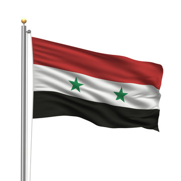 Flag of Syria waving in the wind in front of white background