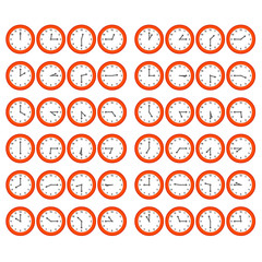 Red Cartoon Clocks Showing All 12 Hours at 15 Minute Intervals