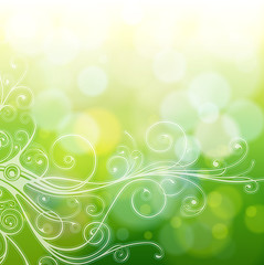 Fototapeta premium Green bokeh abstract light background & calligraphy ornament
