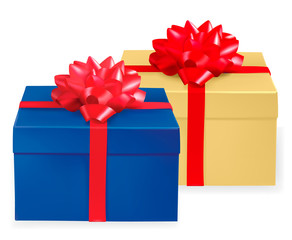 Two colorful vector gift boxes with red ribbons.