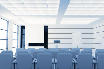 conference room with microphones and visual board