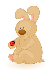 Vector cartoon little toy bunny with ladybird