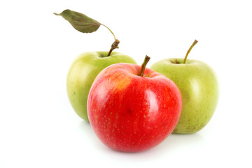 Green and red fresh tasty apples isolated on white