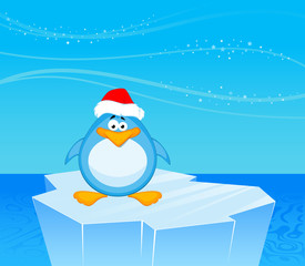 Vector cartoon penguin on an iceberg in an ocean